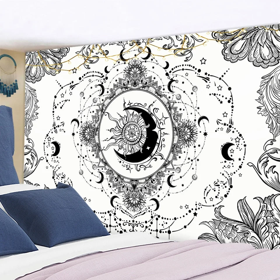Tarot Card Mandala Tapestry White Black Sun And Moon Tapestry Wall Hanging Hippie Wall Rugs Dorm Decor Blanket