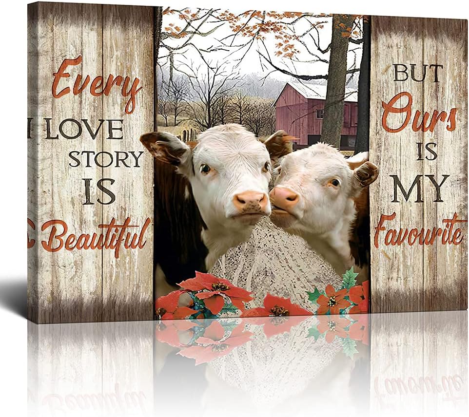 Farmhouse Animal Cow Wall Art Inspirational Picture Canvas Painting Rustic Wall Decor Mordern Artwork Prints Home Decorative For Living Room Bedroom Bathroom Framed 12x16inch