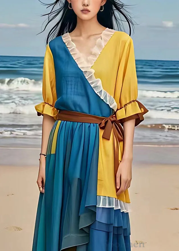 Pre sale - shipping in 30 days/Elegant Blue Ruffled Tie Waist Patchwork Chiffon Dress Flare Sleeve