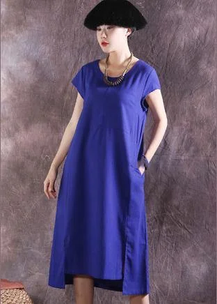 Bohemian blue Cotton Tunic asymmetric hem Plus Size summer Dresses