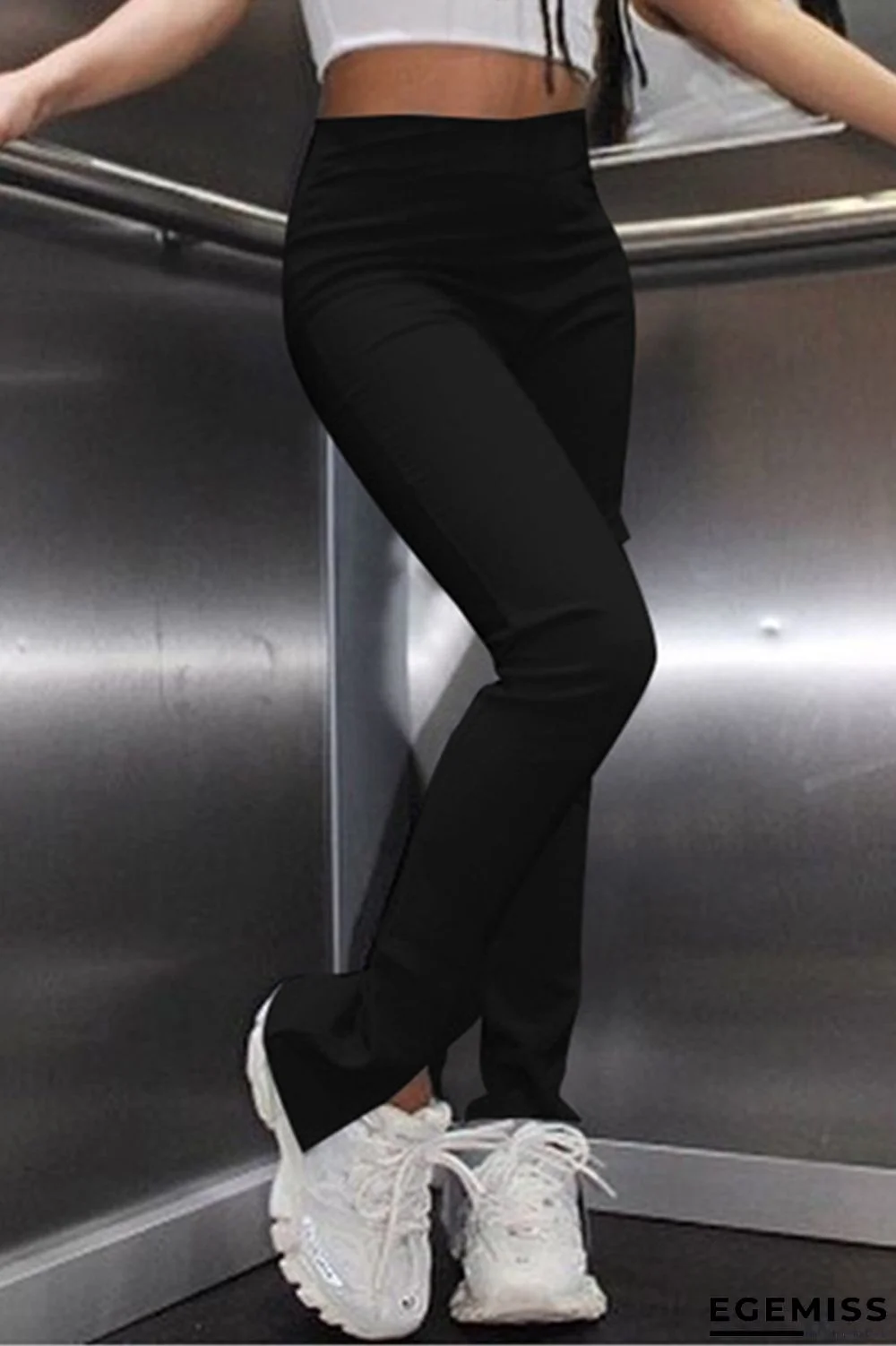 Black Fashion Casual Solid Slit Skinny High Waist Trousers | EGEMISS