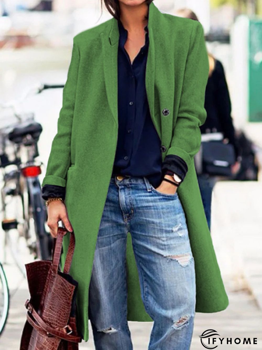Plain Long Sleeve Lapel Collar Buttoned Casual Woolen Coat | IFYHOME