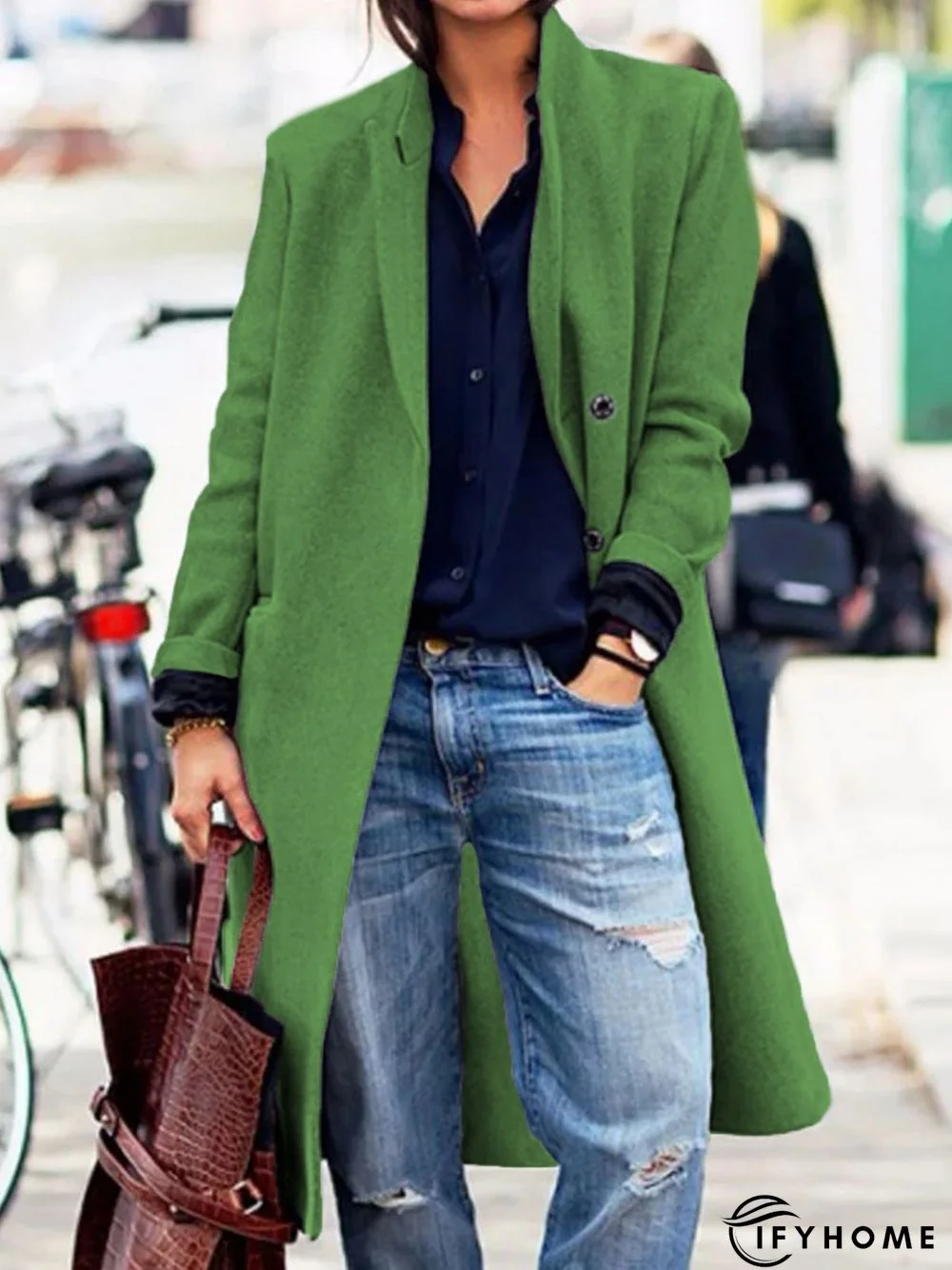 Plain Long Sleeve Lapel Collar Buttoned Casual Woolen Coat | IFYHOME