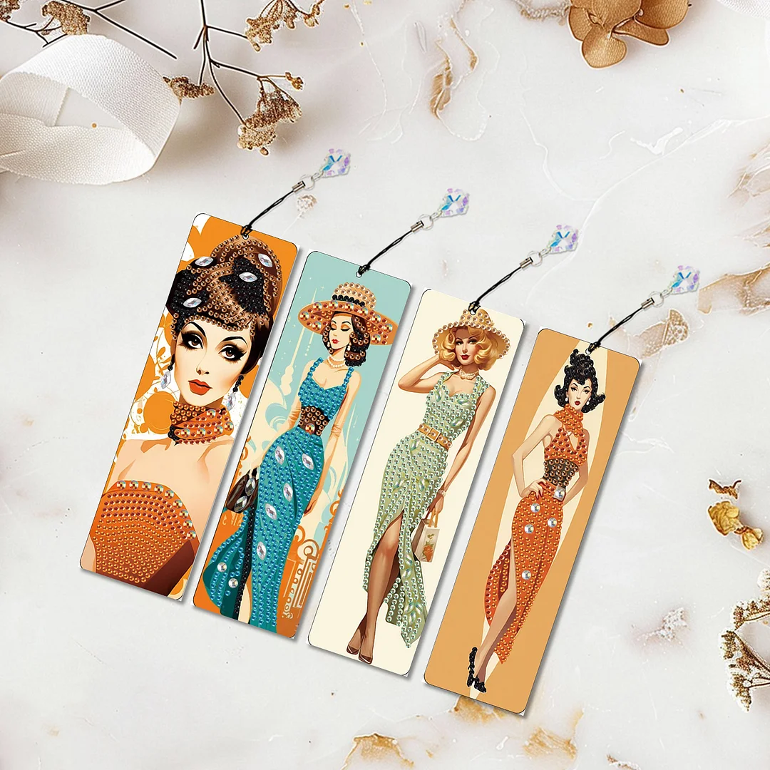 4Pcs Retro Urban Beauty DIY Diamond Bookmark Art Projects Irregular Shaped Diamonds Diamond Painting Art Bookmarks with Crystal Pendants for DIY Making Beginners Adult Art Craft Supplies