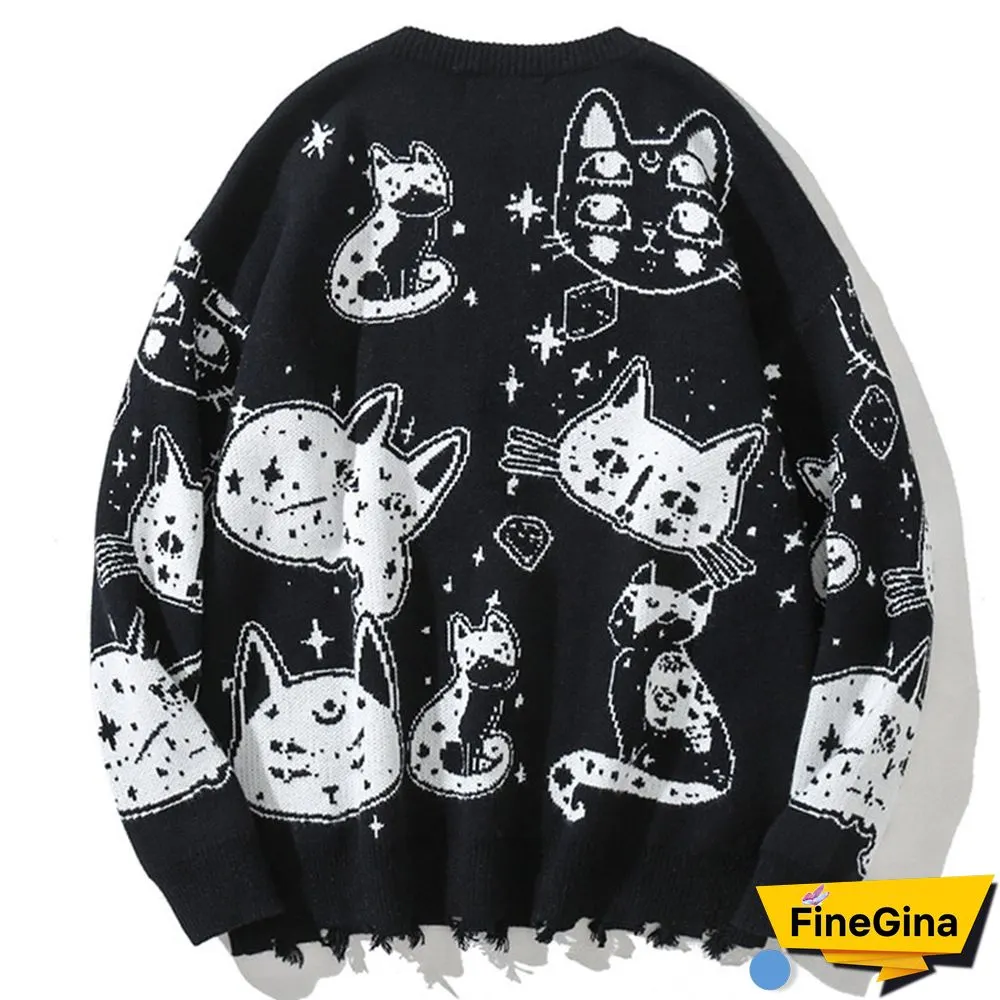 Cartoon Cat Print Loose Sweater