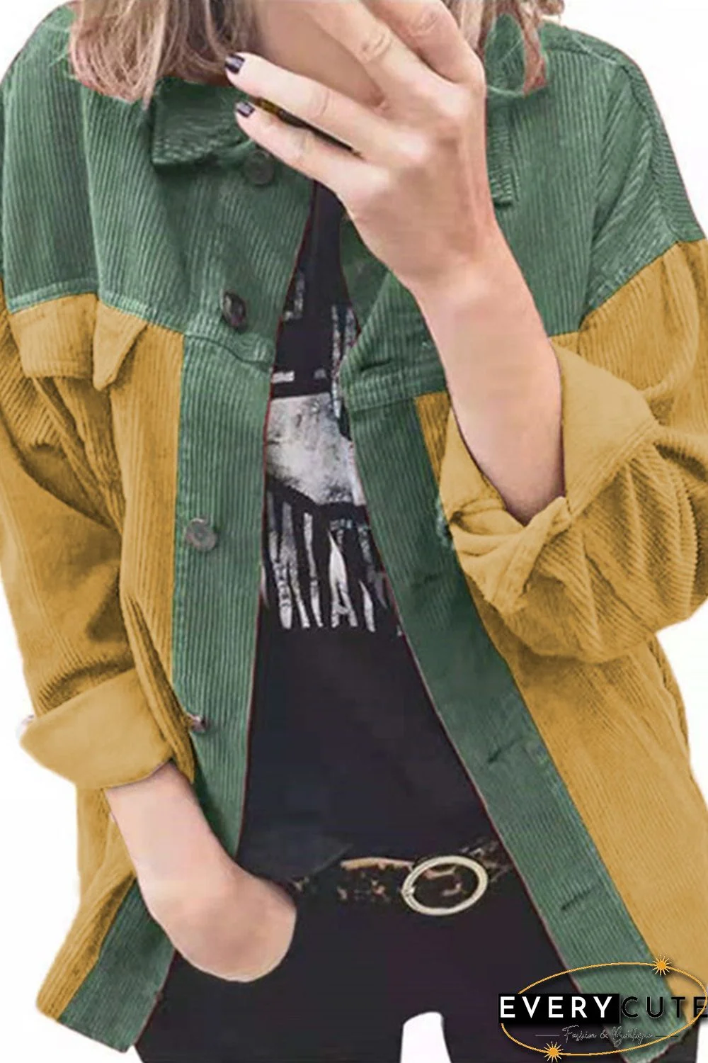 Yellow Buttoned Color Block Corduroy Jacket