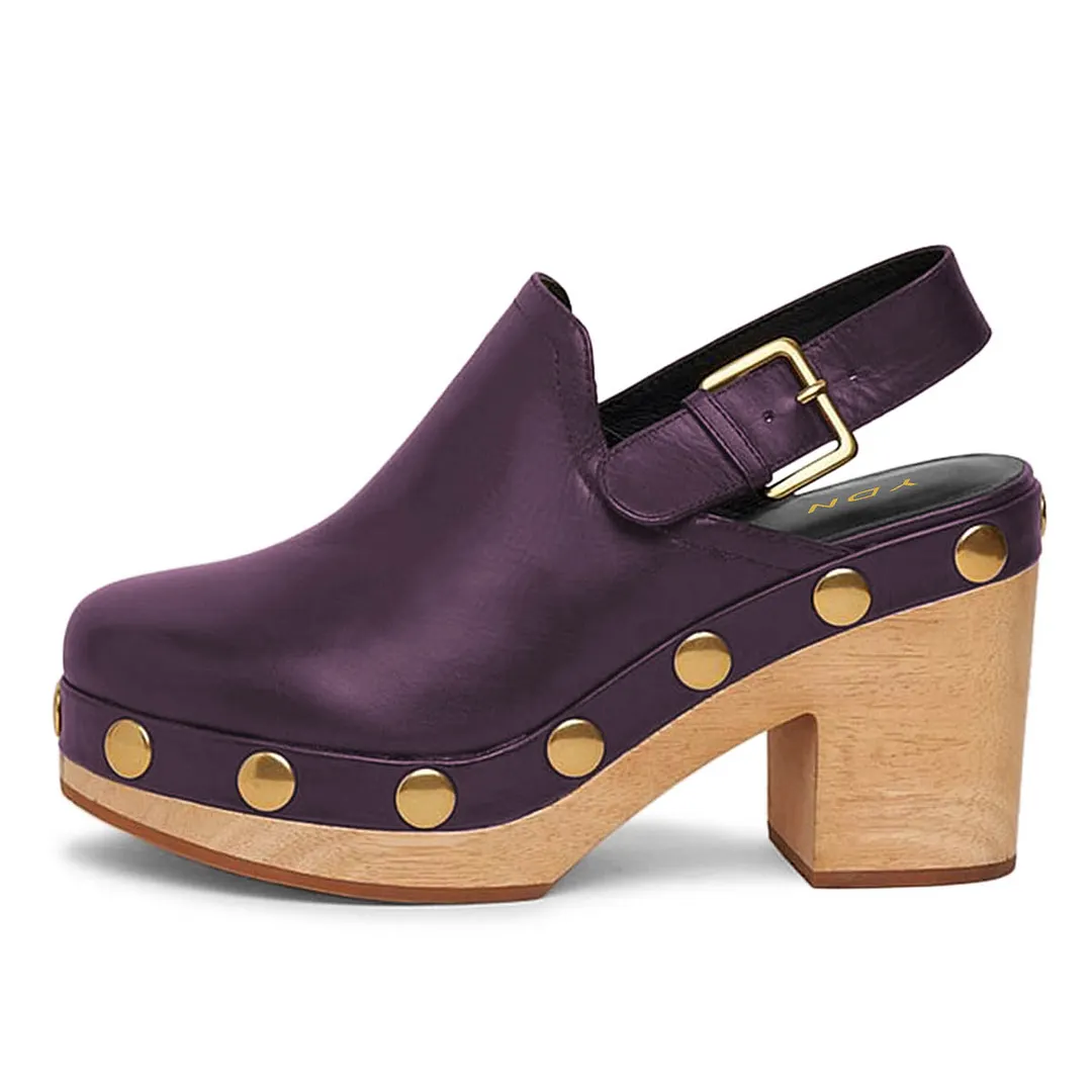 Purple Round Toe Chunky Heel Studded Slingback Platform Heels