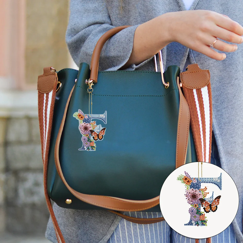 DIY F Diamond Art Key Rings Lettter Keychain Supplies Gift for Kids(Double Sided)