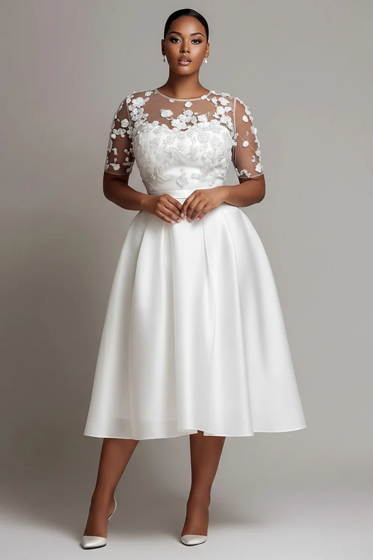 Xpluswear Design Plus Size Cocktail Party Elegant White Round Neck Short Sleeve Pocket See Through Satin Midi Dresses [Pre-Order] 2024 - Xpluswear