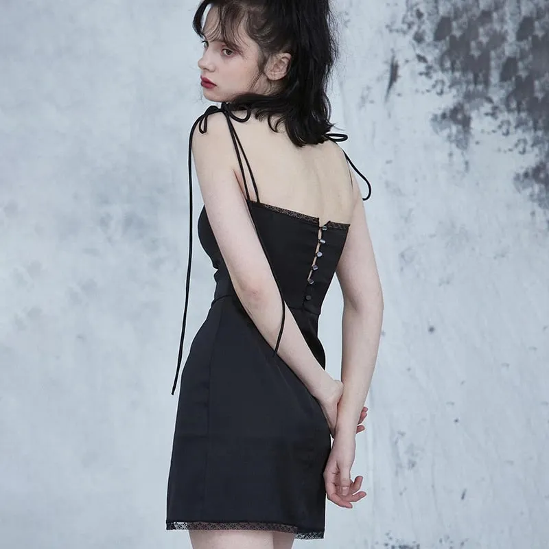 InsGoth Sexy Spaghetti Straps Bodycon Gothic Black Dress Women Streetwear Black Lace Up Mini Female Dress Casual Purple Dress