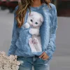 Women's Cat Print Long Sleeve Crewneck Sweatshirt Top