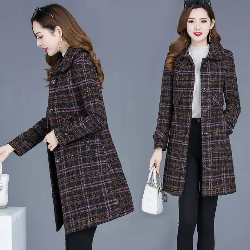 Autumn Winter Women Plaid Mid Long Coat Casual Plus Size 5XL Jacket Fashion Single-Breasted Outerwear Warm Female Woolen Coats