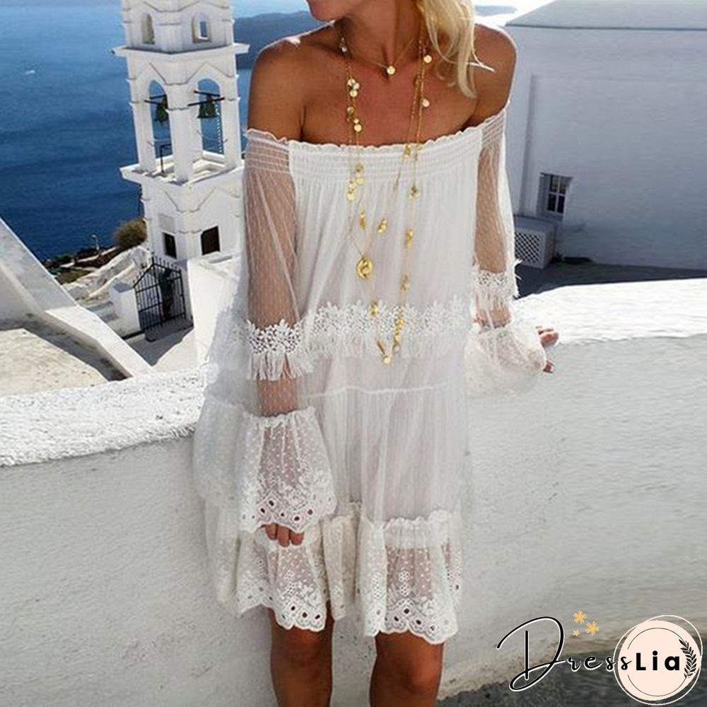 Damen Langarm Off Shoulder Kleid Ballkleid Lace Prom Sexy Holiday Strandkleid