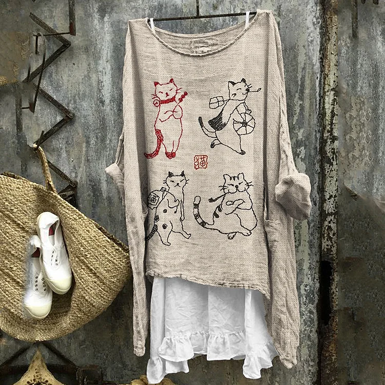 Funny Cat Japanese Art Embroidered Linen Blend Tunic