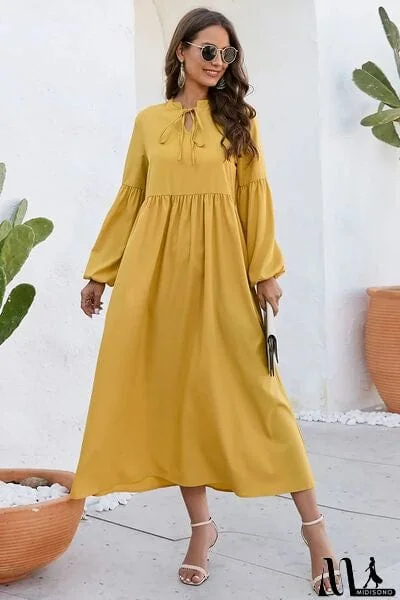 Ruched Tie Neck Balloon Sleeve Midi Dress