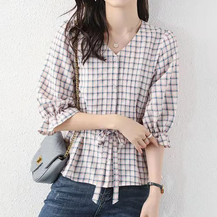 Grid Checkered/plaid Half Sleeve Shift Shirts & Tops QueenFunky