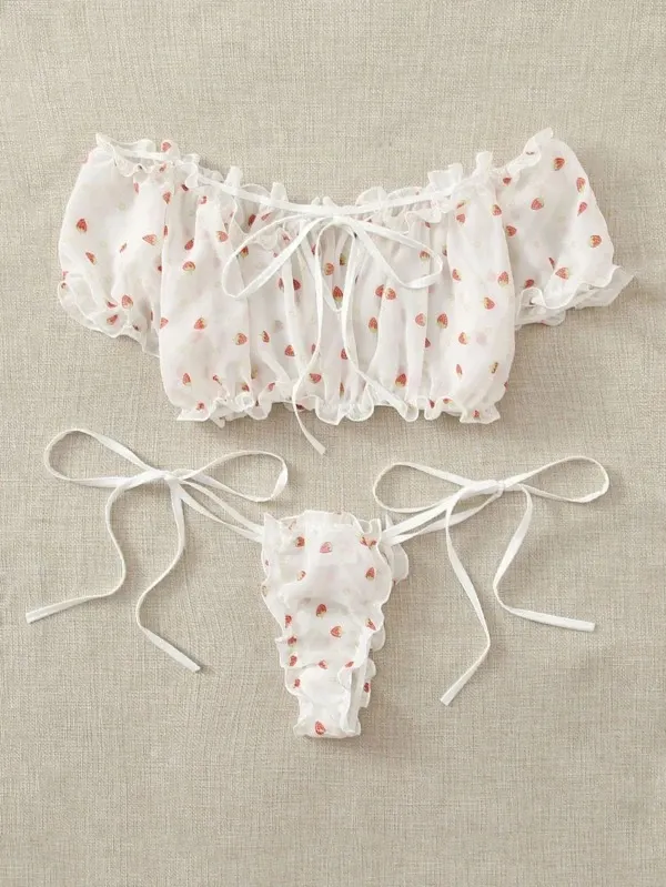 Churchf Sex Lingerie Sexy Women's Side-Swear Tective Yarn Printed Lingerie Set