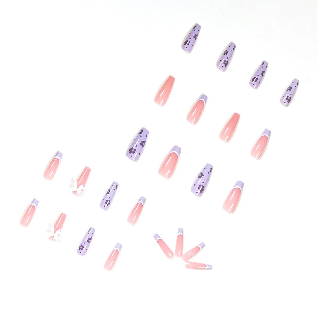 Fake Nails Purple Flower French Style Full Cover Fake Nails DIY Glue Press On Nails Nail Supplies For Professionals-Nail Inspo