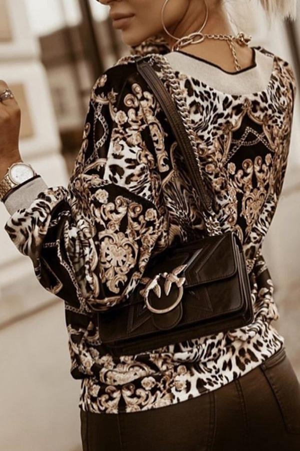 Womens Casual Leopard Print Long-sleeve V-Neck Loose T-shirt-Allyzone-Allyzone