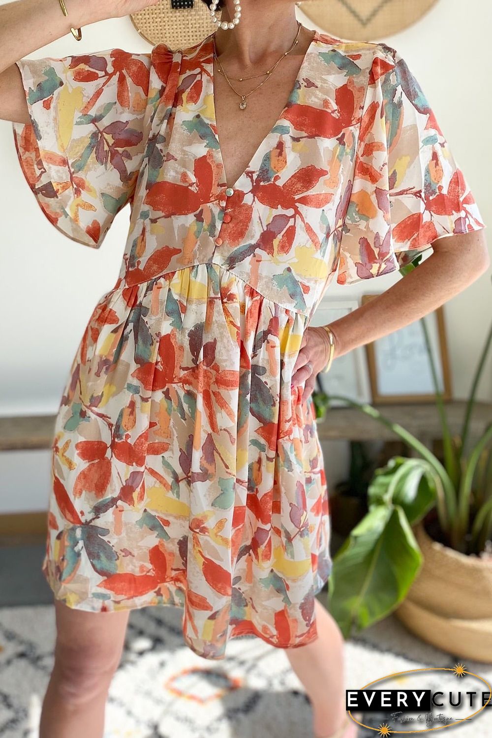 Multicolor Summer Floral Button V Neck Ruffle Flowy Dress