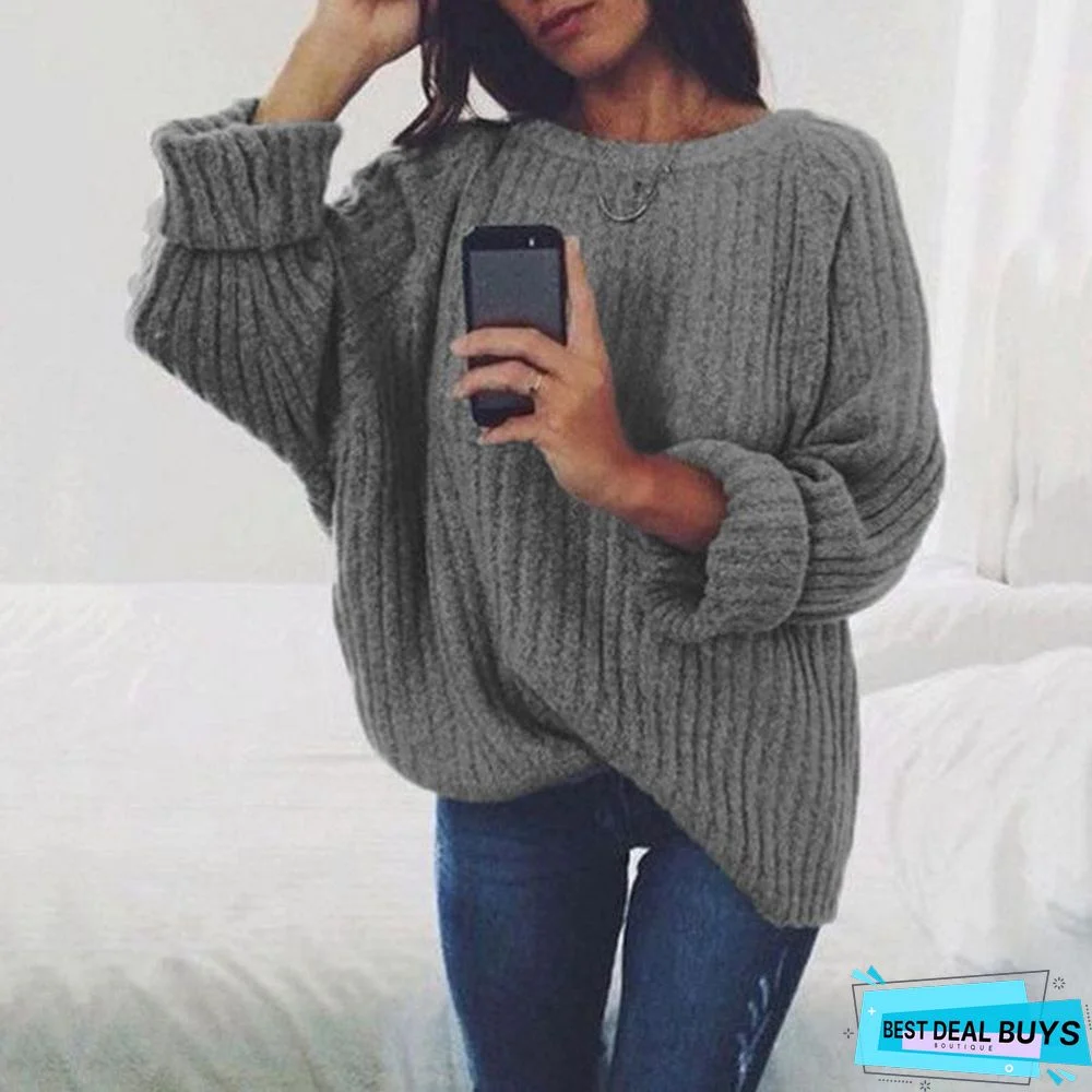 Sweater Women's Fashion Solid Color Round Neck Knitted Top Sweater Pullover