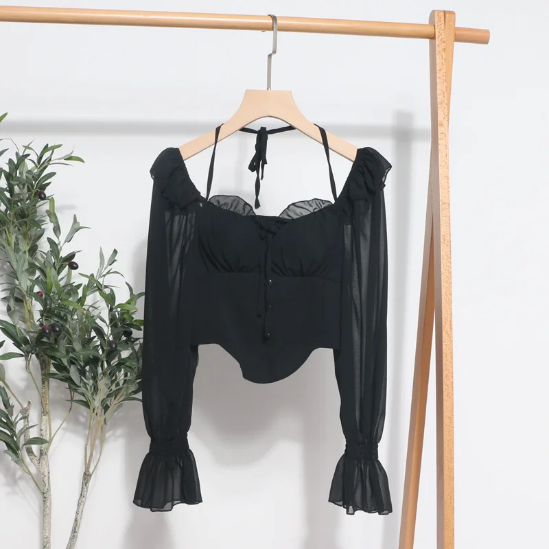 Uveng Spice Girls Shoulder-Mounted Neck With Long-Sleeved Chindal Wooden Ear-Deared Shirt Short With Chest Cushion Top 8873