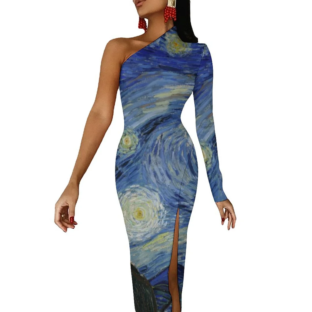 Van Gogh Starry Night Women One Shoulder Split Dress Sexy Bodycon Flowy Mermaid Party Maxi Party Club Dresses