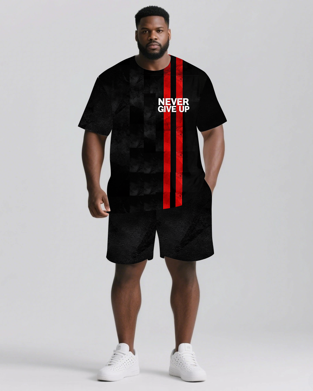 Real Strength Is Never Giving Up Men's Big and Tall Lettering Stripes Short Sleeve T-shirt 2-Piece Set