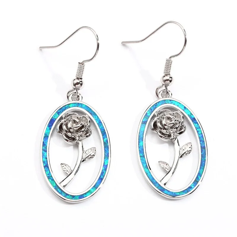 Cute Female Blue White Opal Drop Earrings Silver Color Flower Dangle Earrings Boho Long Wedding Earrings For Women