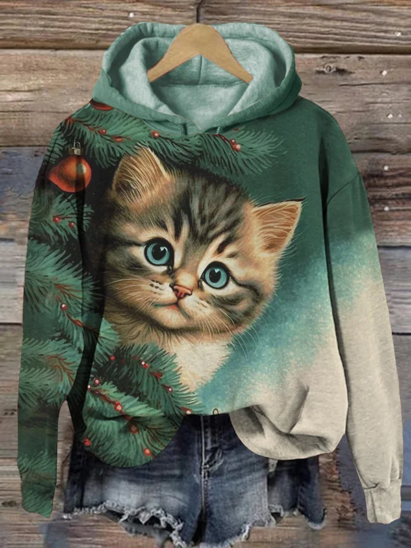Women's Christmas Tree Cute Cat 3D Graphic Print Hoodie