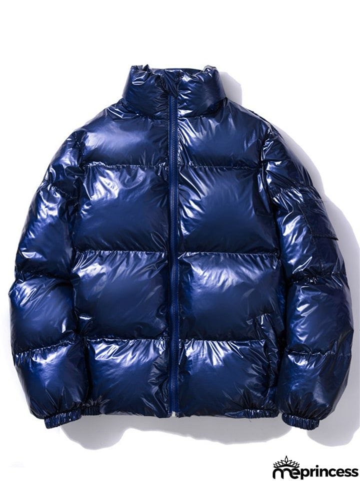 Trendy Casual Solid Zipper Stand Collar Loose Shiny Reflective Coats