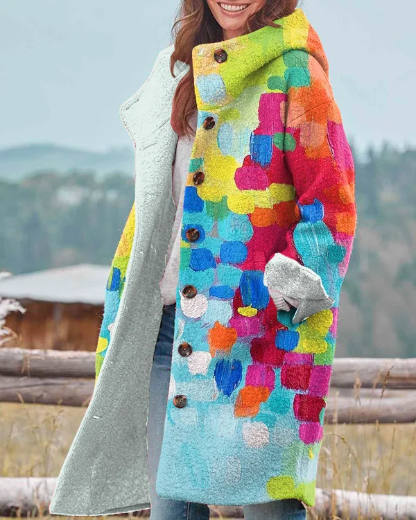 Vintage Colorful Art Print Hooded Long Sleeve Jacket