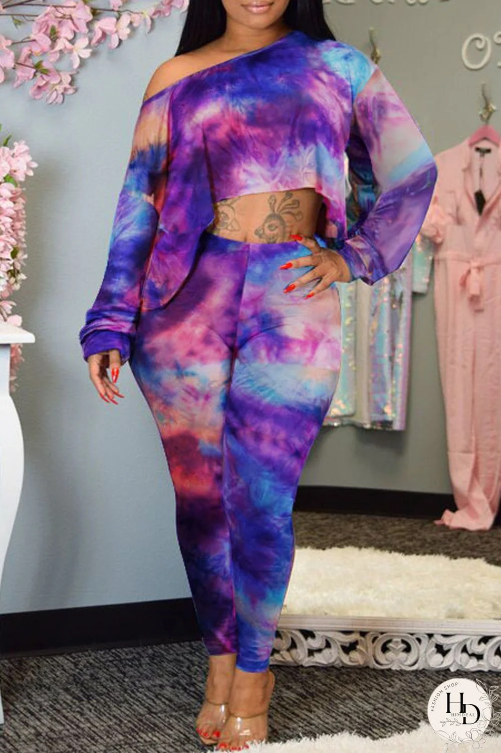 Green Fashion Casual Print Tie-dye Oblique Collar Long Sleeve Two Pieces