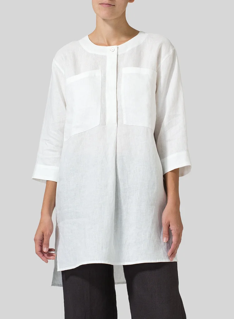 Womens Cotton Linen Pocket Fashion Shirt