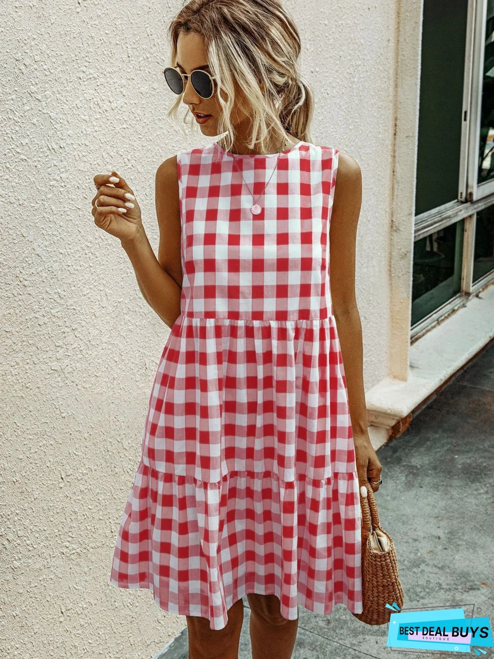 Fashion Round Neck Plaid Loose Female Plaid Dress Cake Skirt