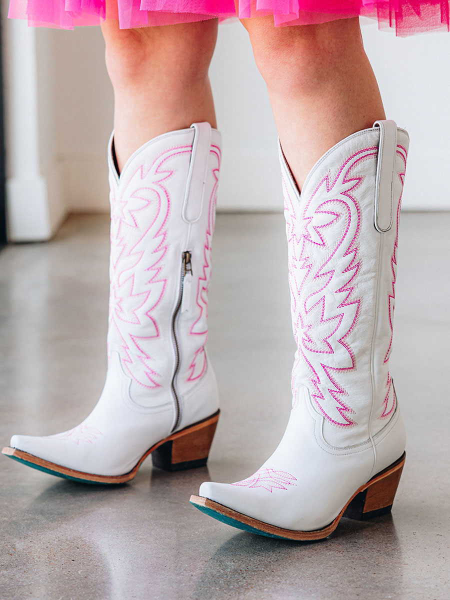 Ivory Snip Toe Pink Stitching Knee High Cowgirl Boots for Women