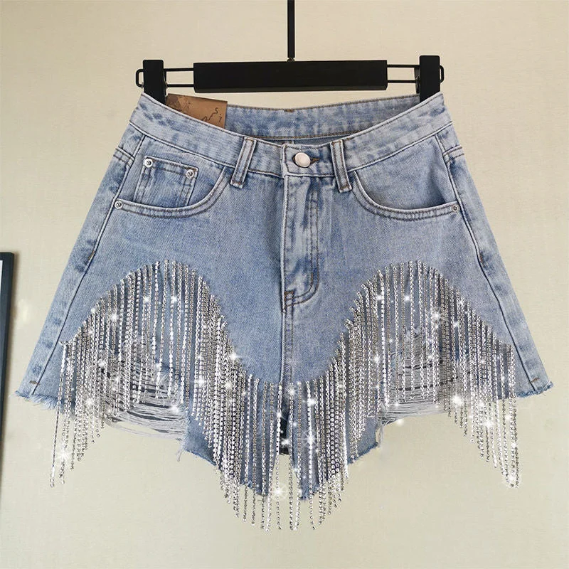 Denim Shorts Women Clothing Fashion 2022 Summer Ripped Jeans Short Femme High Waist Diamond Tassel Y2k Casual Bottoms For Ladies