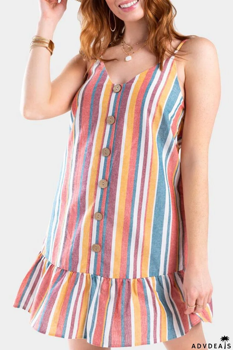 Fashion Casual Striped Buckle Flounce V Neck A Line Dresses
