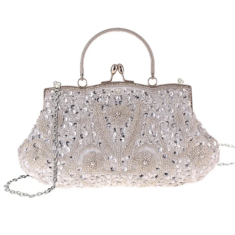 Evening Clutch Bag Chains Satin Beading Lady Handbag for Bride Party (Silver)