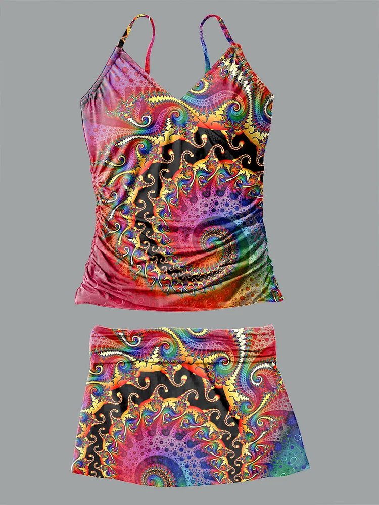 V-Neck Vintage Irregular Spiral Pattern Halter Pants Skirt Set Swimsuit