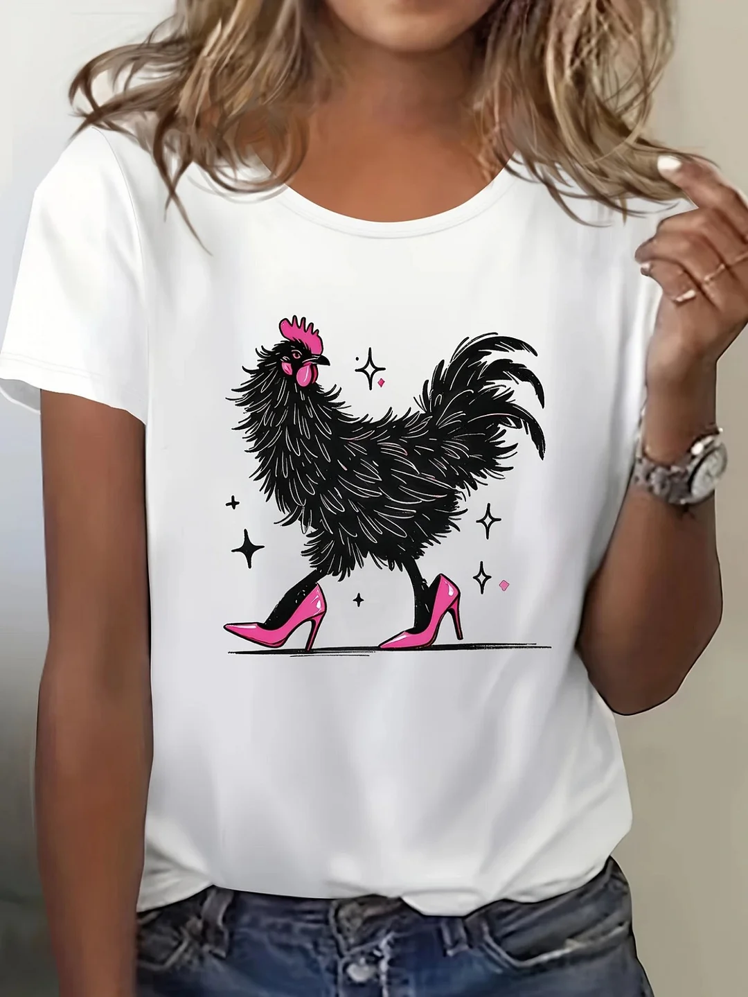 Women's Cartoon Rooster & Stars Print Cotton T-Shirt - Loose Fit Short Sleeve Round Neck, Breathable Summer Casual Top For Party & Casual Attire, Comfortable Machine-Washable Fabric, Cotton T Shirts, Vacation Clothing, Playful Graphic Tee | IFYHOME