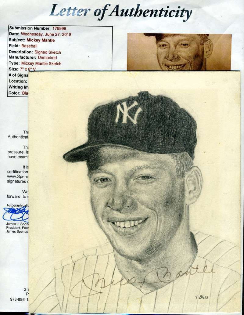 Mickey Mantle Hand Drawn Jsa Loa Autograph 7x9 Photo Poster painting Hand Signed Authentic