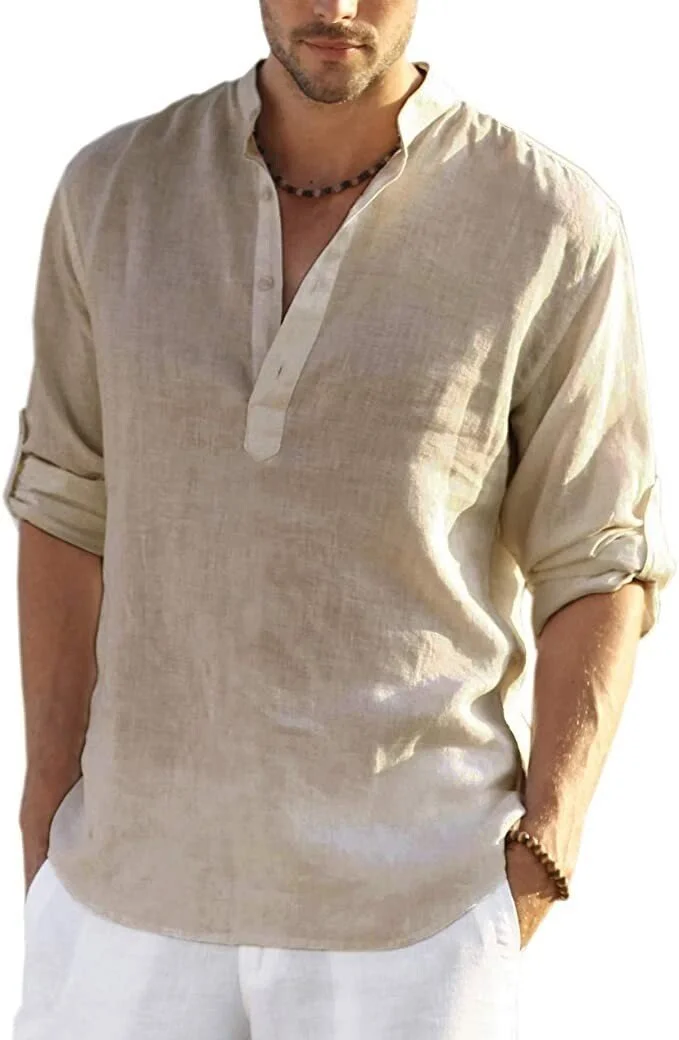 2022 Men's Cotton Linen Henley Shirt Long Sleeve Hippie Casual Beach T Shirts