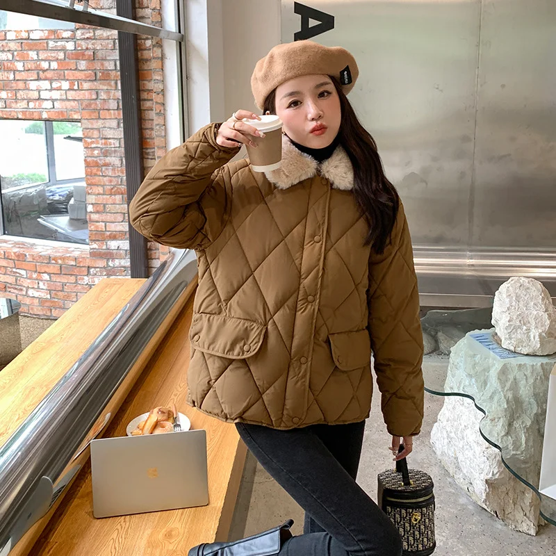 Toloer Design Sense Splicing Lamb Wool Collar Light Diamond Cotton Clothes Female Autumn And Winter New Korean Version Of Chic Casual Warm Cotton-Padded Jacket-Outfit Ideas