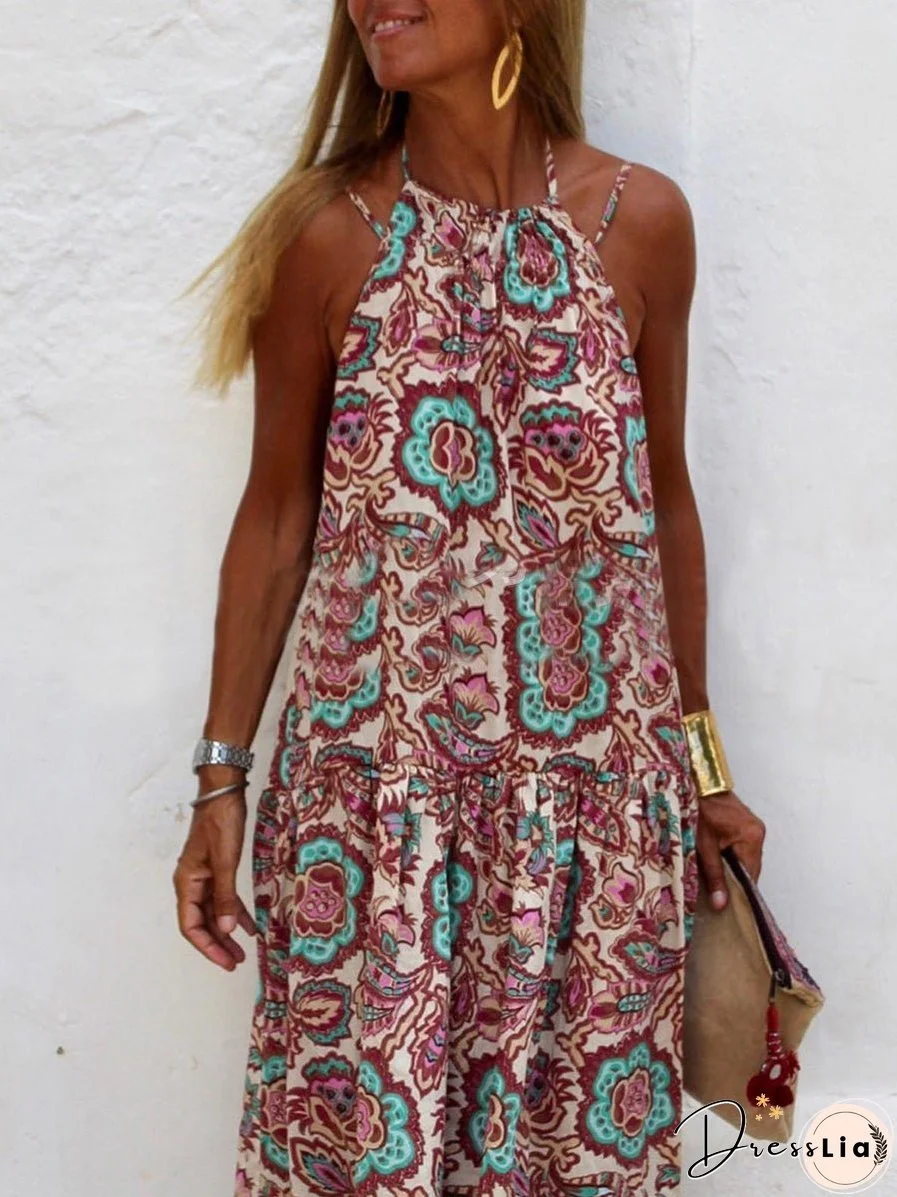Printed Sleeveless Sling V-Neck Swing Dress