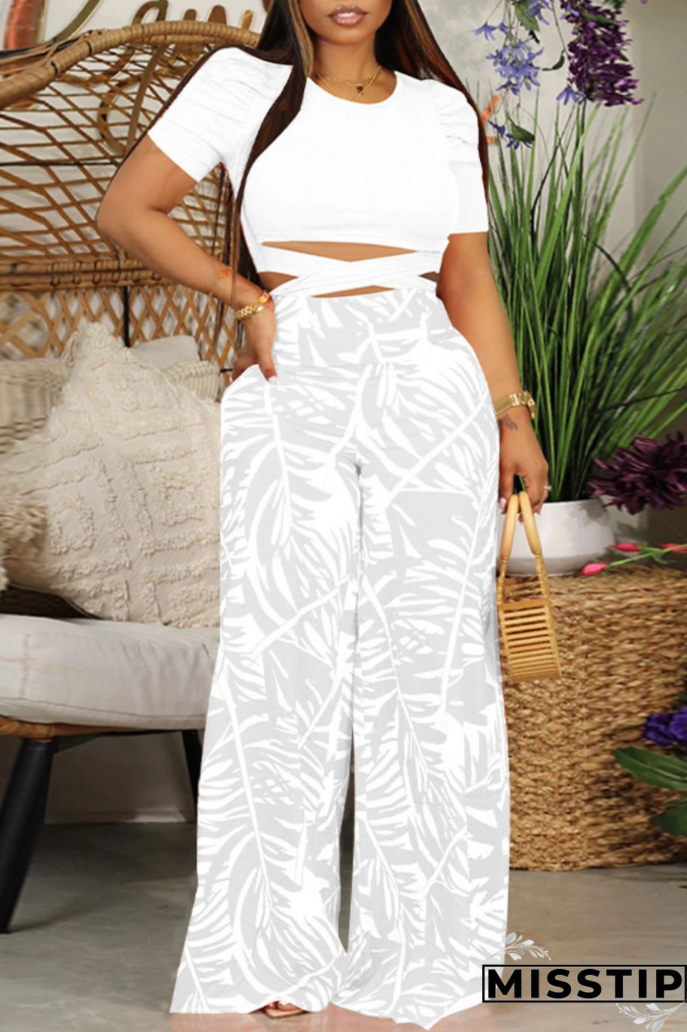 Blue Casual Print Hollowed Out Patchwork O Neck Short Sleeve Two Pieces