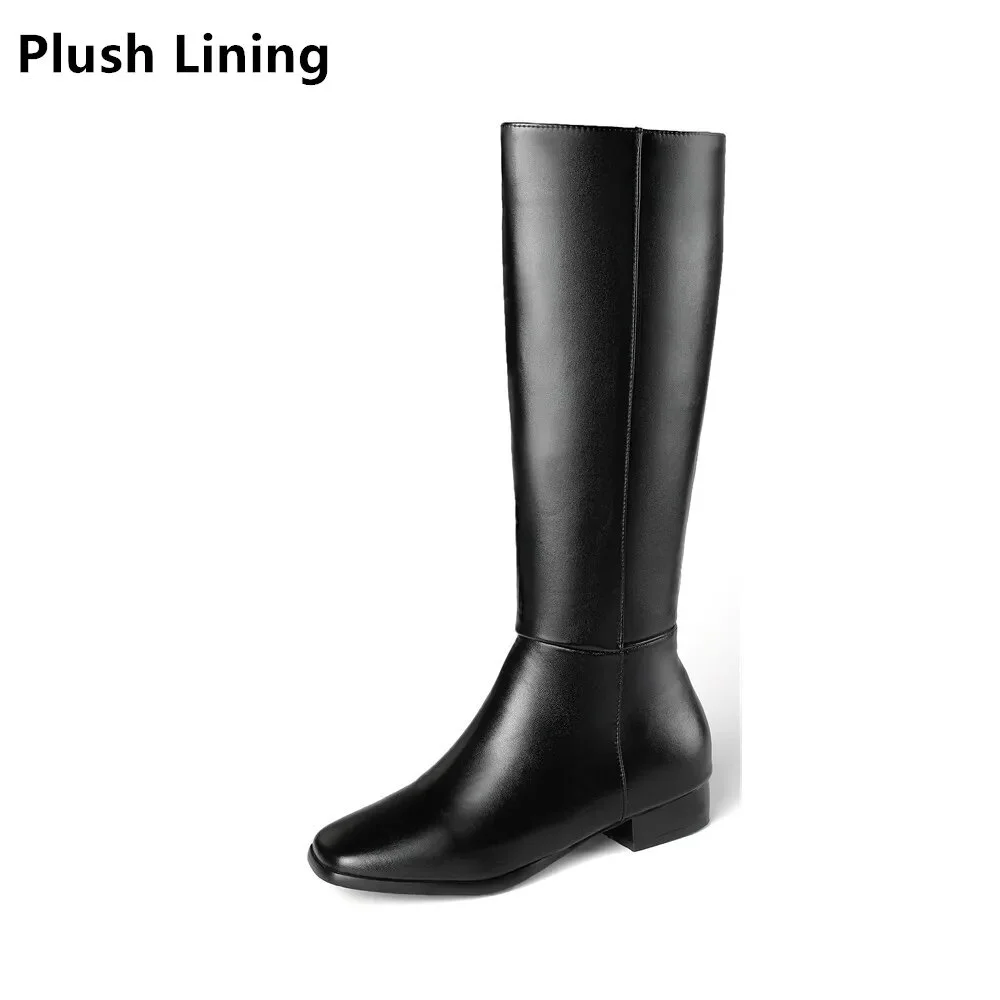 Blankf PU Leather Women Knee High Boots Motorcycle Square Toe Zip Footwear Low Heels Female Riding Ladies Long Boats 2023 New