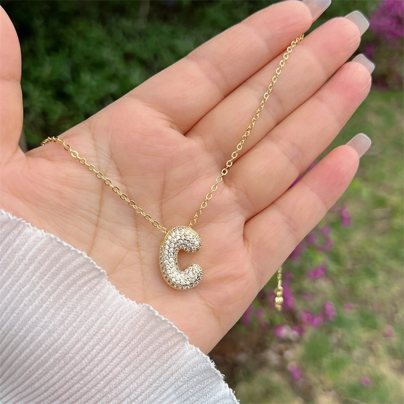 Copper 18K Gold Plated Hip-Hop Minimalist Classic Style Polishing Inlay Letter Zircon Pendant Necklace