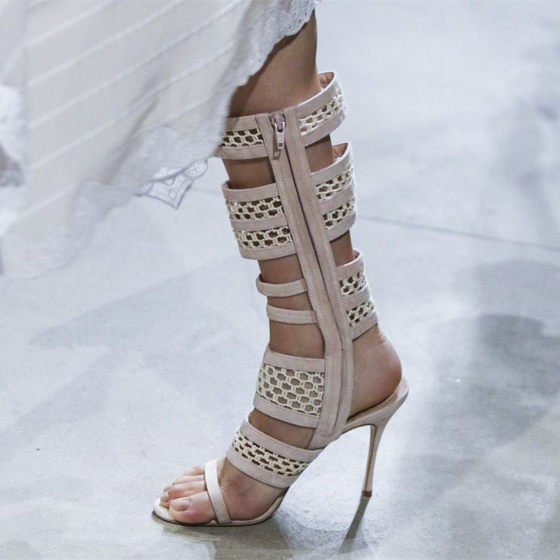 Nude Vegan Leather Open Toe Stiletto Heel Hollow Out Knee-High Sandals Nicepairs
