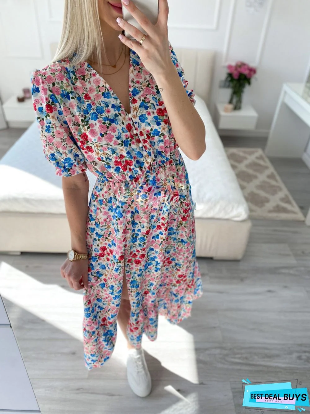 Temperament Short Sleeve Button Print Long Floral Dress